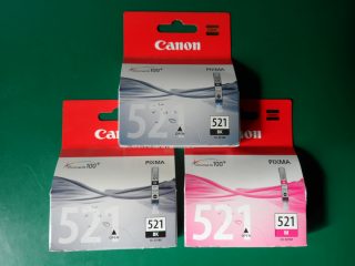 3 Original Canon 521 Inks - 2 Black CLI-521BK & 1 Magenta CLI-521M - New Sealed